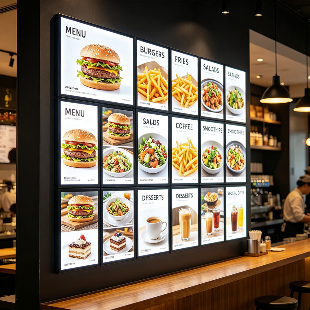 Combined multi LED illuminated menu wall for burger shop
