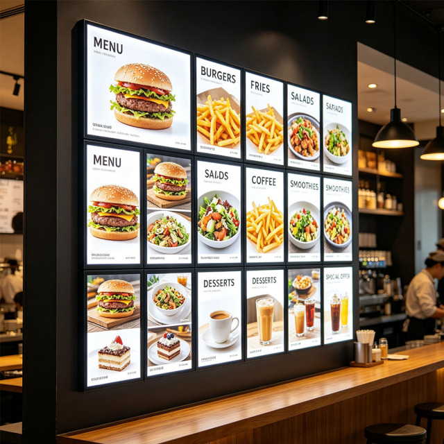 Combined multi LED illuminated menu wall for burger shop