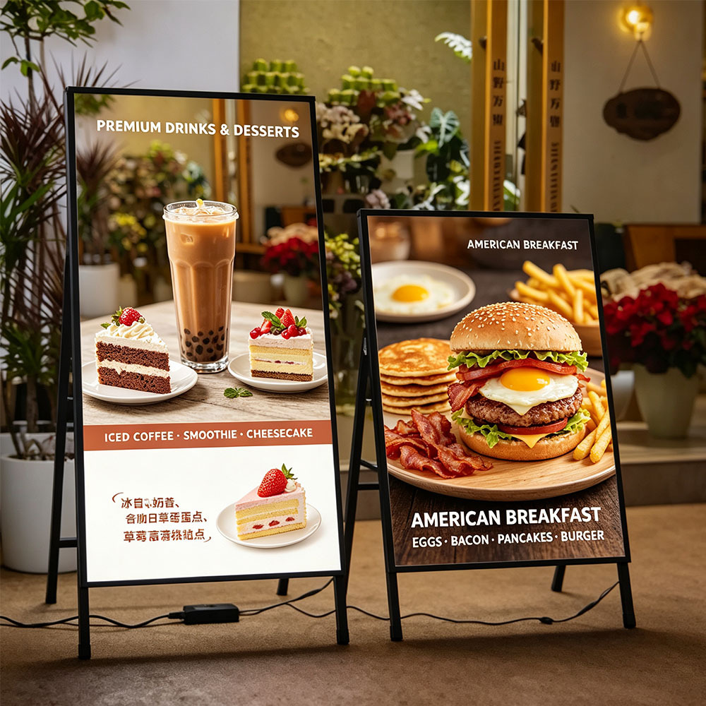 A frame rechargeable LED menu board placed at restaurant entrance
