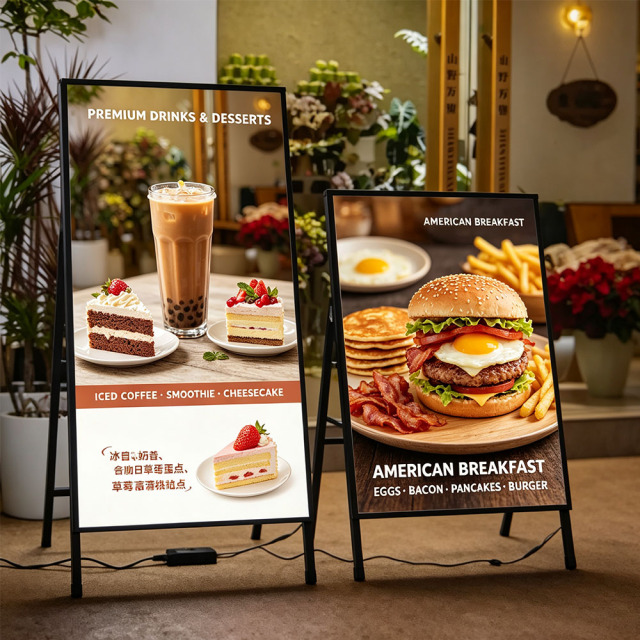 A frame rechargeable LED menu board placed at restaurant entrance