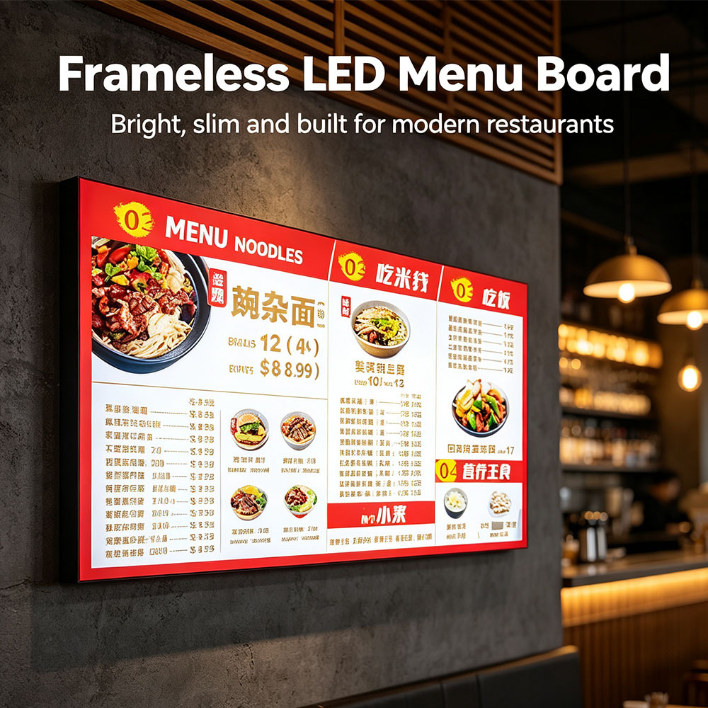 Frameless fabric LED menu board closeup for cafe menu display