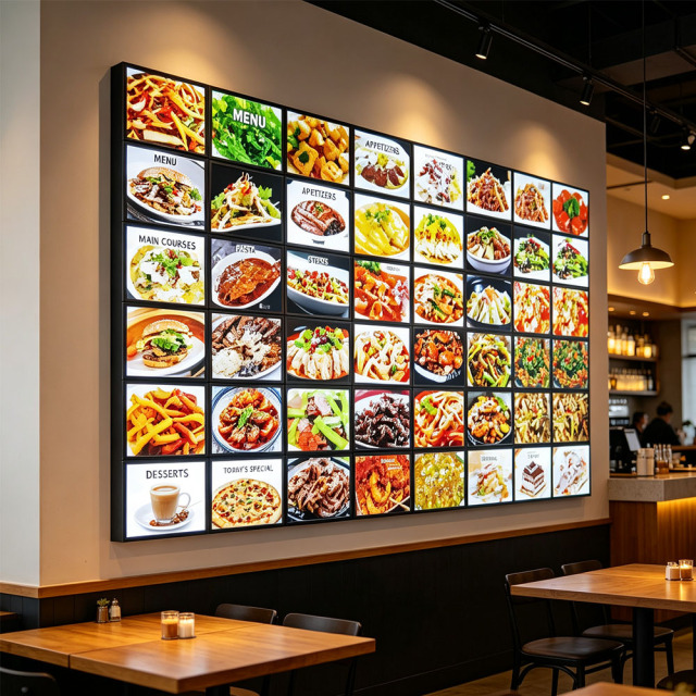 Multi-link LED menu panels restaurant menu wall closeup
