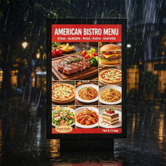 Standing LED menu board with food menu graphic in restaurant