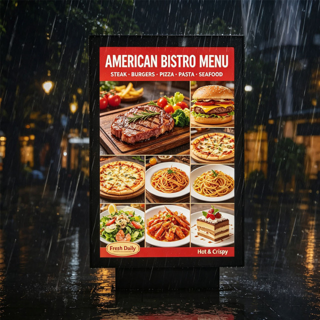 Standing LED menu board with food menu graphic in restaurant