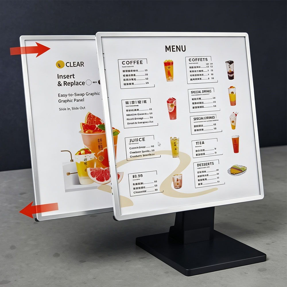 Easy media change for tempered glass LED menu board