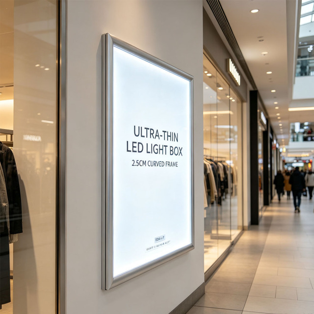 25mm curved face ultra-thin LED light box installed in retail shopping corridor