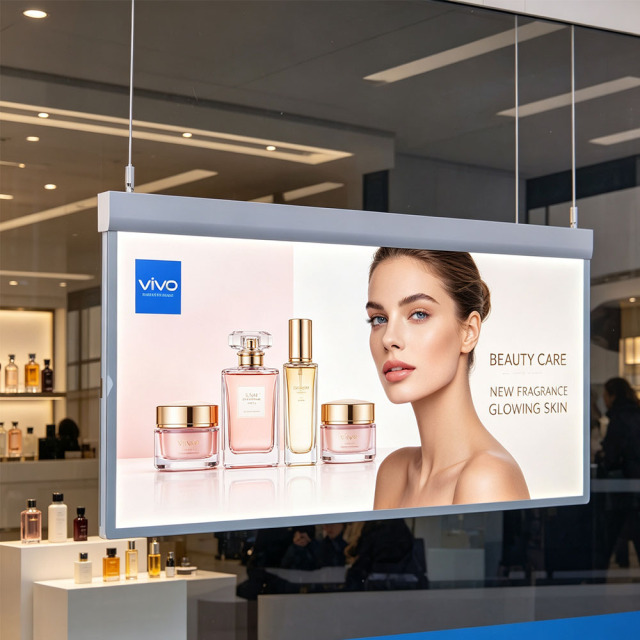 Steel wire powered double-sided POP LED light box with retail promotion poster