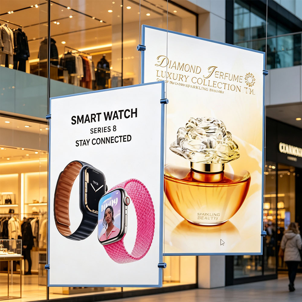 Hanging slide-in ultra-thin LED light box suspended in shopping mall corridor