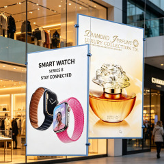 Hanging slide-in ultra-thin LED light box suspended in shopping mall corridor