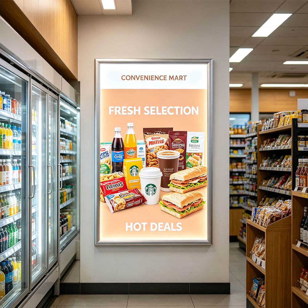 Curved aluminum frame LED light box showing supermarket food promotion poster