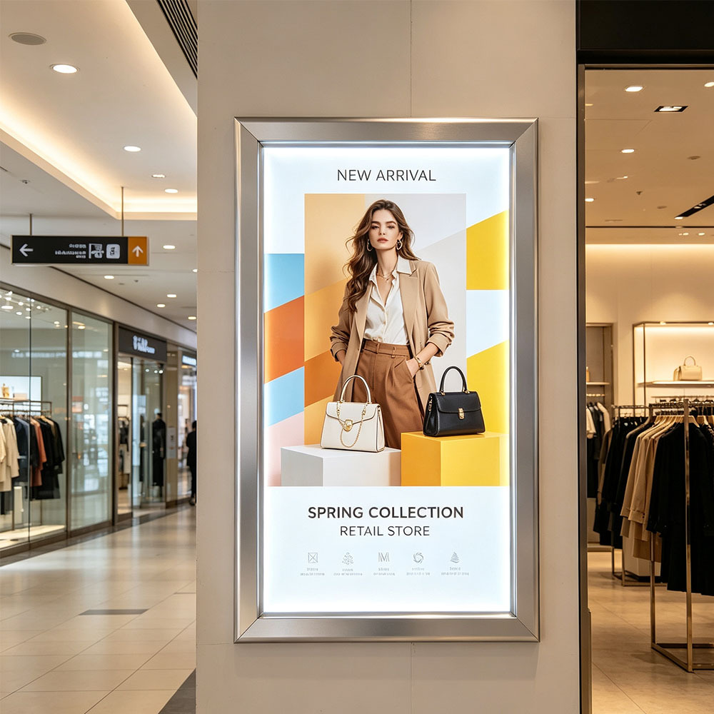 60mm flat face ultra-thin LED light box installed in fashion shopping mall corridor