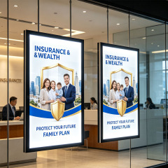 Hanging double-sided magnetic ultra-thin LED light box suspended in bank lobby