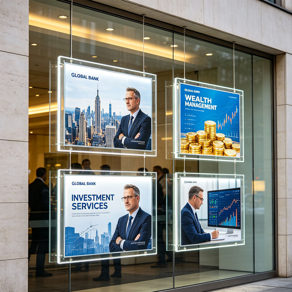 Hanging double-sided crystal ultra-thin LED light box at bank glass window
