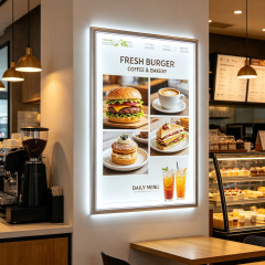Ultra-thin LED light box with burger menu poster inside cafe interior