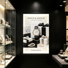8mm depth ultra-thin LED light box showing luxury product poster in retail shop
