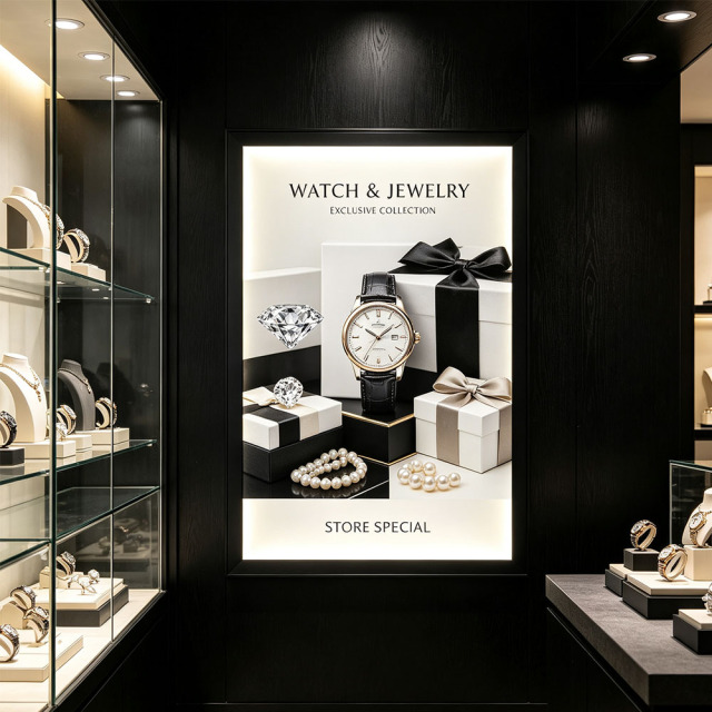 8mm depth ultra-thin LED light box showing luxury product poster in retail shop