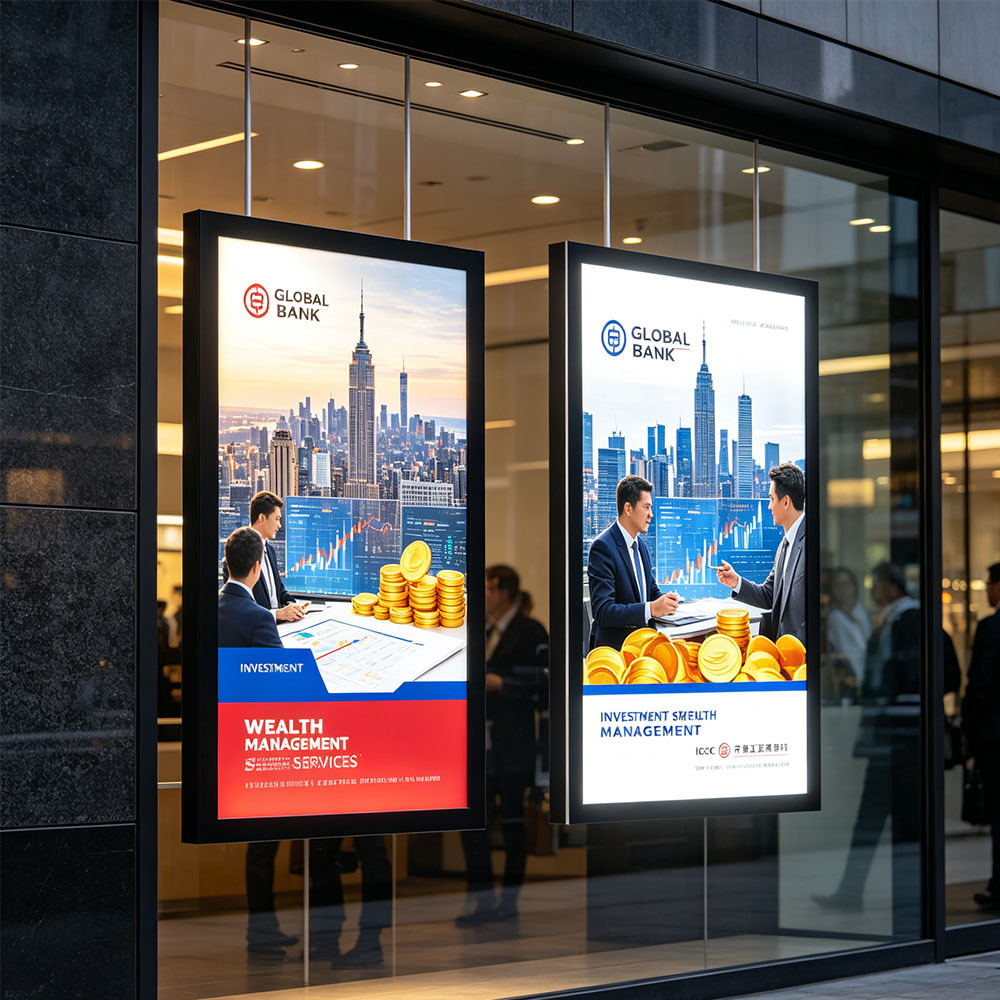 32mm thick hanging magnetic light box with financial poster inside office building
