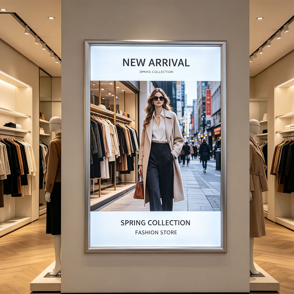 Curved face LED lightbox with fashion advertisement for clothing store