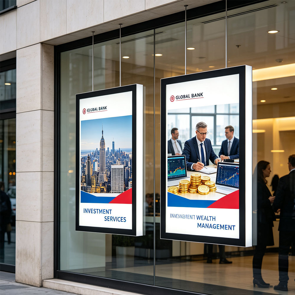 Custom size double-sided magnetic LED light box for bank glass partition display