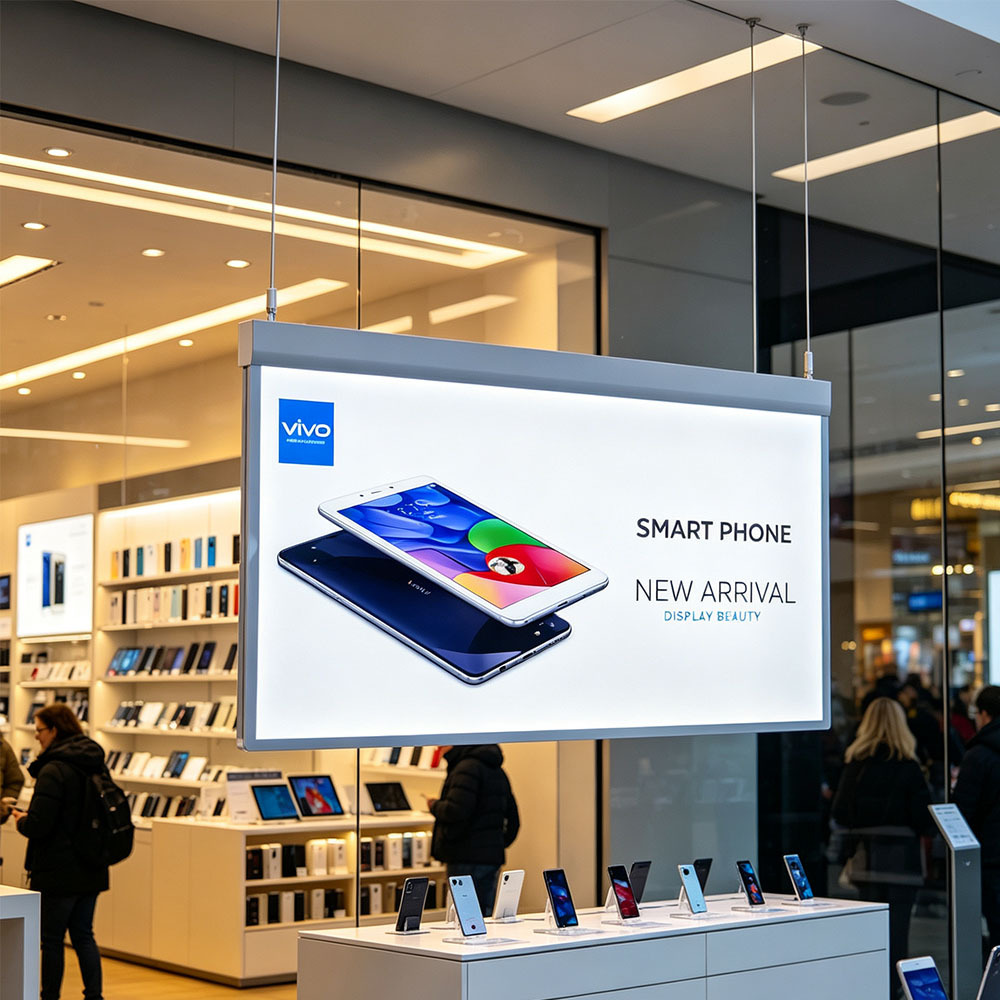 Hanging POP double-sided ultra-thin LED light box suspended in electronics retail shop