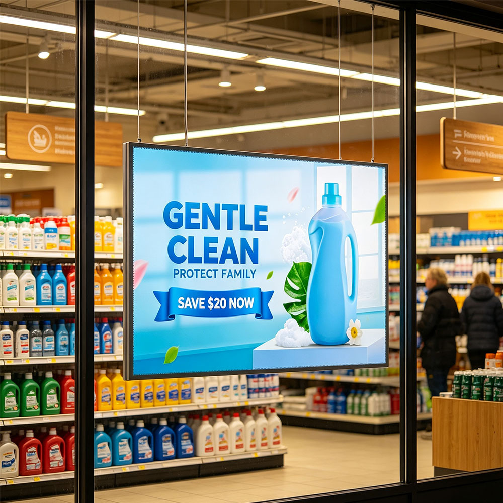 Tempered glass hanging slide LED light box for luxury brand store advertising
