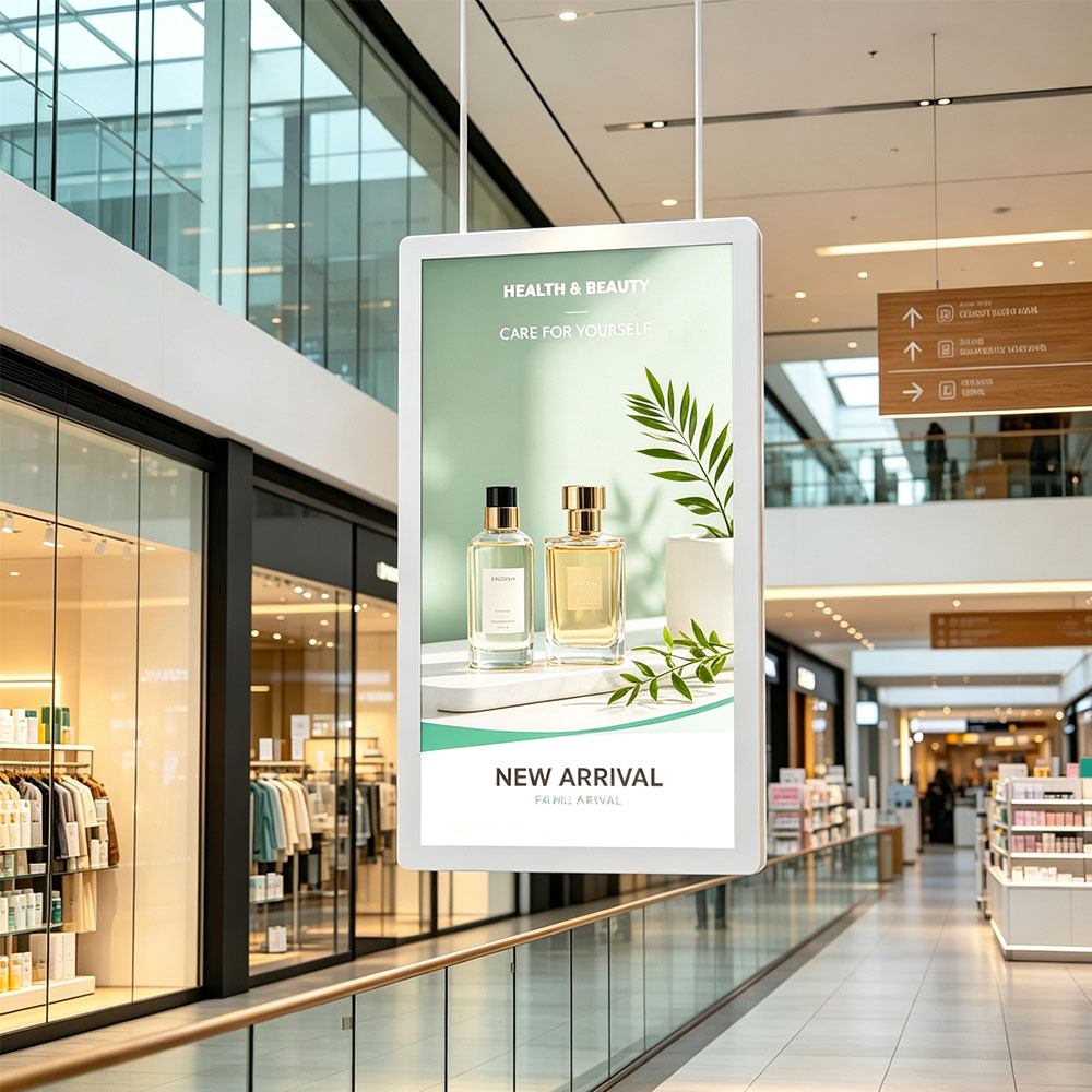 Elegant round corner hanging LED light box for financial institution lobby display