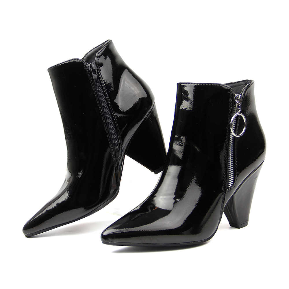 customized designer woman causal shoes heel boots in patent PU with metal zip