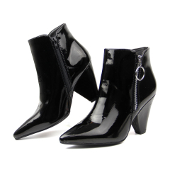 customized designer woman causal shoes heel boots in patent PU with metal zip