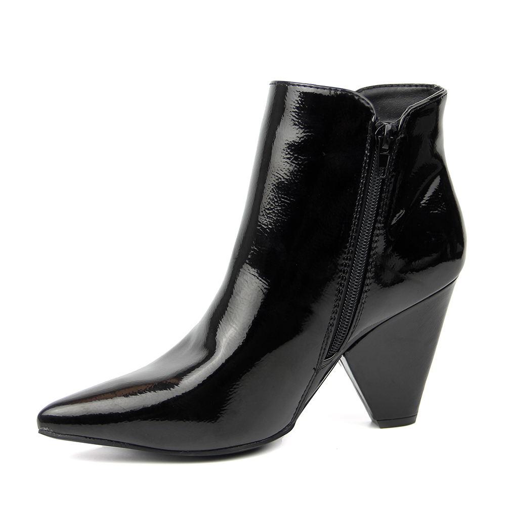 customized designer woman causal shoes heel boots in patent PU with metal zip