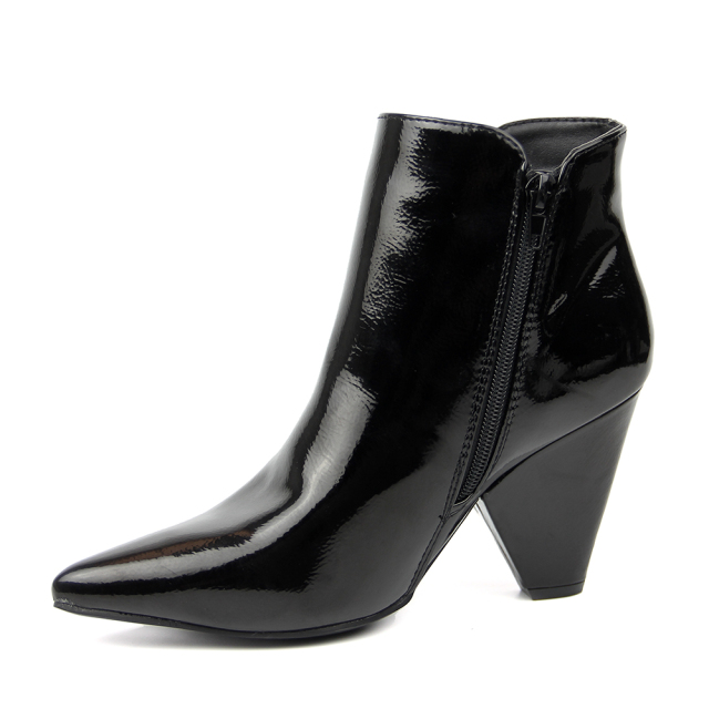 customized designer woman causal shoes heel boots in patent PU with metal zip