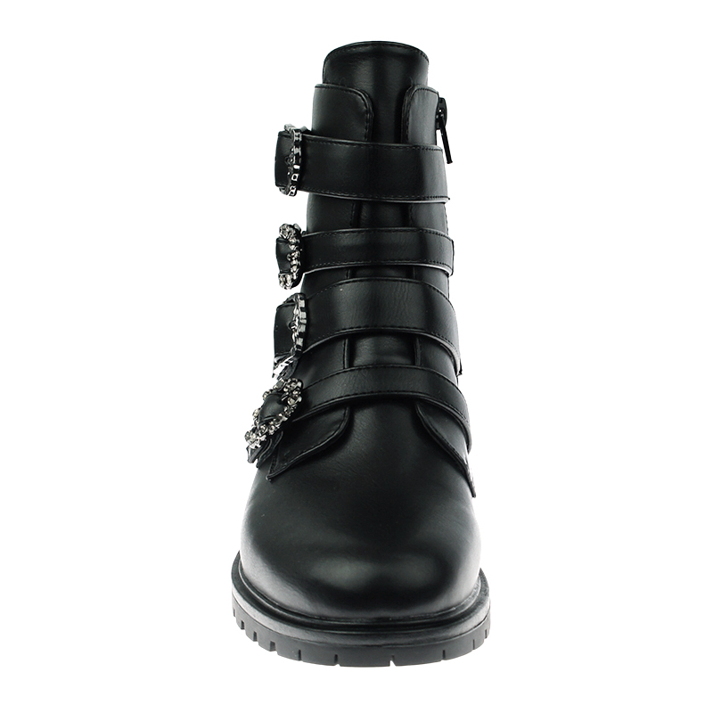 fashion hot selling women black stylish flat military boots shoes with buckle straps