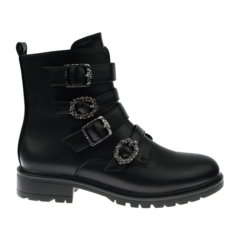 fashion hot selling women black stylish flat military boots shoes with buckle straps