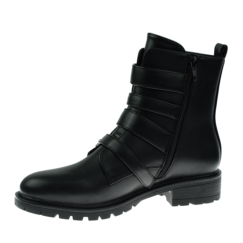 fashion hot selling women black stylish flat military boots shoes with buckle straps