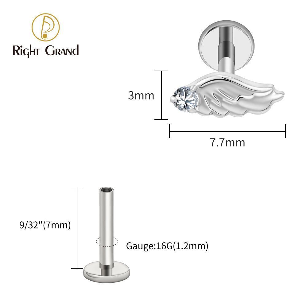 Right Grand Titanium Internal Thread CZ Wing Labret Ring 16G Flat Back Cartilage Stud Earring Conch Helix Lip Piercing Jewelry