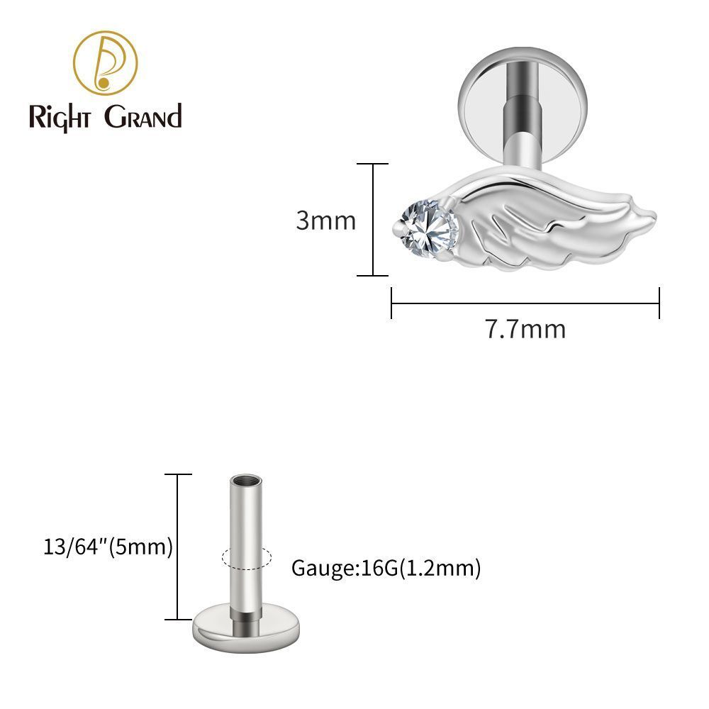 Right Grand Titanium Internal Thread CZ Wing Labret Ring 16G Flat Back Cartilage Stud Earring Conch Helix Lip Piercing Jewelry