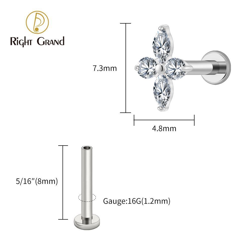Right Grand Titanium 16G/18G Threadless Push Pin Prong Set CZ Flower Marquise Stud Earring Tragus Helix Cartilage Piercing