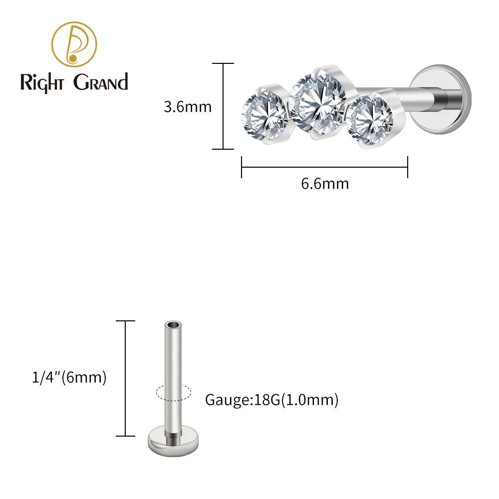 Right Grand Titanium 16G/18G Threadless Push Pin Triple CZ Cluster Cartilage Earring 16G Mini CZ Labret Tragus Helix Medusa Flat Back Piercing