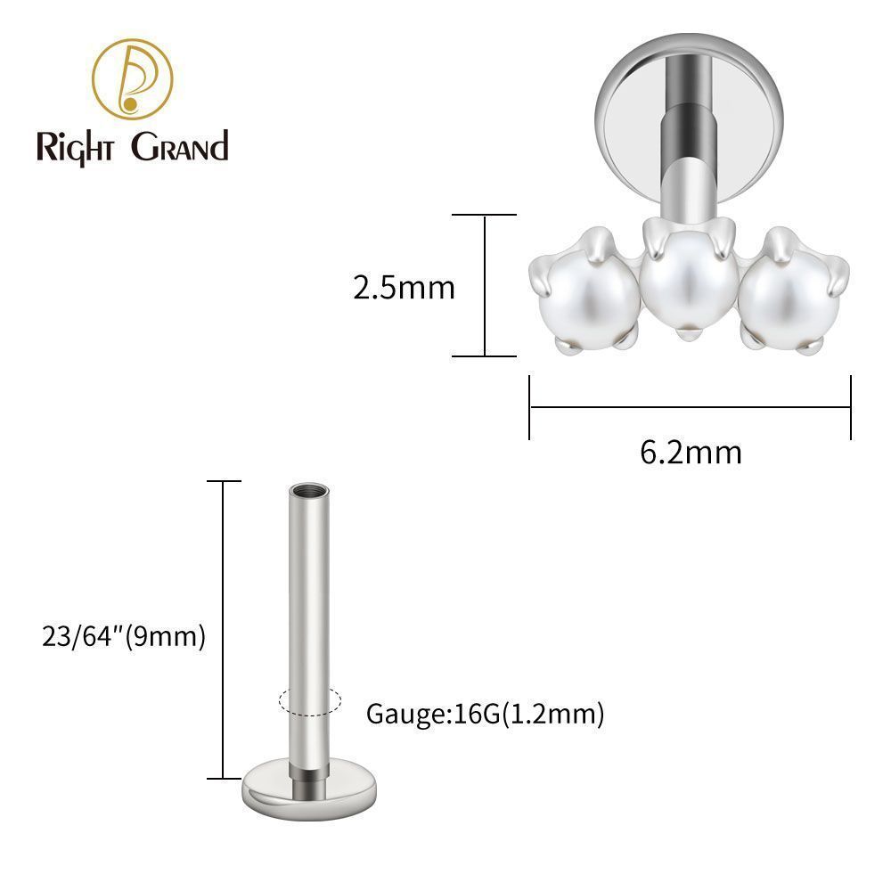 Right Grand Titanium Internal Thread Triple Tiny Pearl Labret Ring 16G Flat Back Cartilage Stud Earring Conch Helix Lip Piercing Jewelry