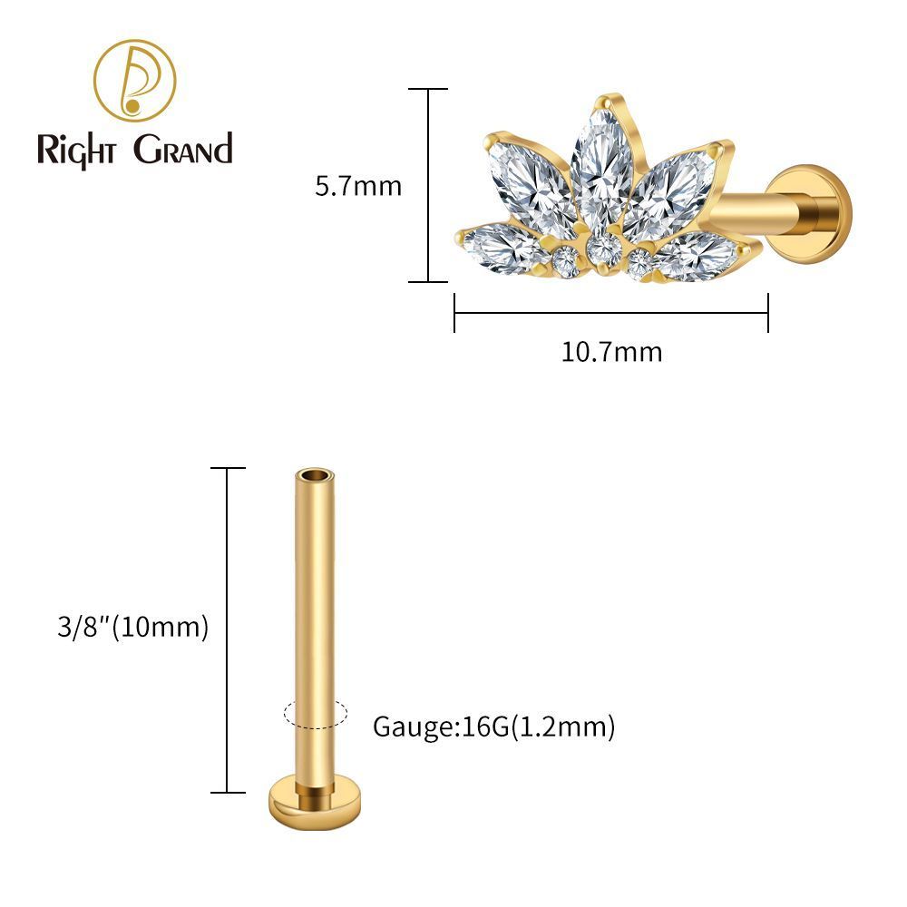 Right Grand Titanium 16G/18G Threadless Push Pin Marquise Lotus CZ Flower Flat Back Stud Labret Tragus Helix Cartilage Conch Earring Piercing
