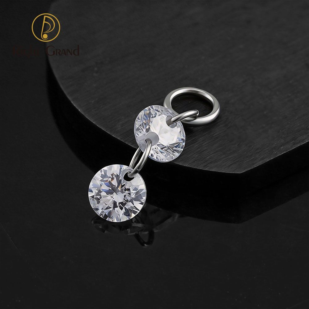 Right Grand ASTM F136 Titanium Double Round CZ Drop Ring Charm for Ear Lobe Dangle Hoop Huggie Earrings