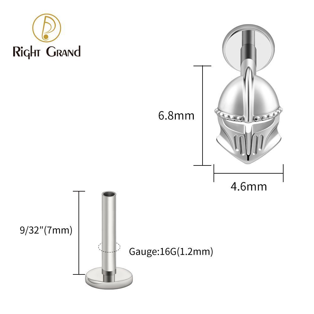Right Grand ASTM F136 Titanium Internal Thread Helmet Labret Ring 16G Flat Back Cartilage Stud Earring Conch Helix Lip Piercing Jewelry