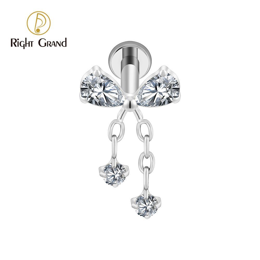 Right Grand Titanium 16G/18G Threadless Push Pin Bowknot CZ Dangle Chain Labret Ring 16G Flat Back Cartilage Stud Earring Conch Helix Lip Piercing Jewelry