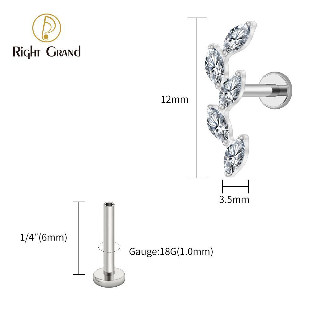 Right Grand Titanium 16G/18G Threadless Push Pin 5 Marquise CZ Labret Stud Helix Conch Cartilage Tragus Flat Back Piercing