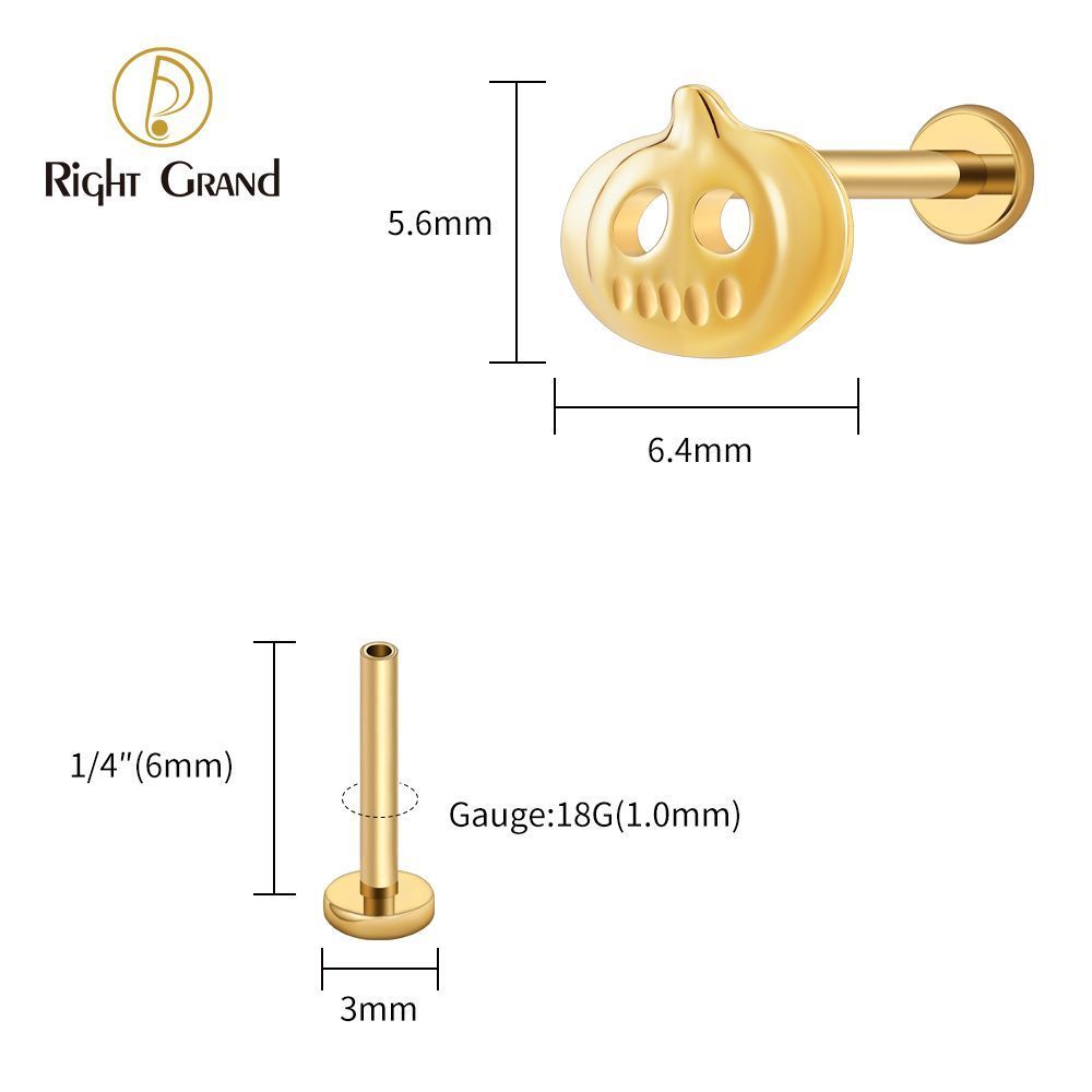 Right Grand Titanium 16G/18G Threadless Push Pin Halloween Pumpkin Ghost Punk Labret Ring 16G Flat Back Cartilage Stud Earring Conch Helix Lip Piercing Jewelry