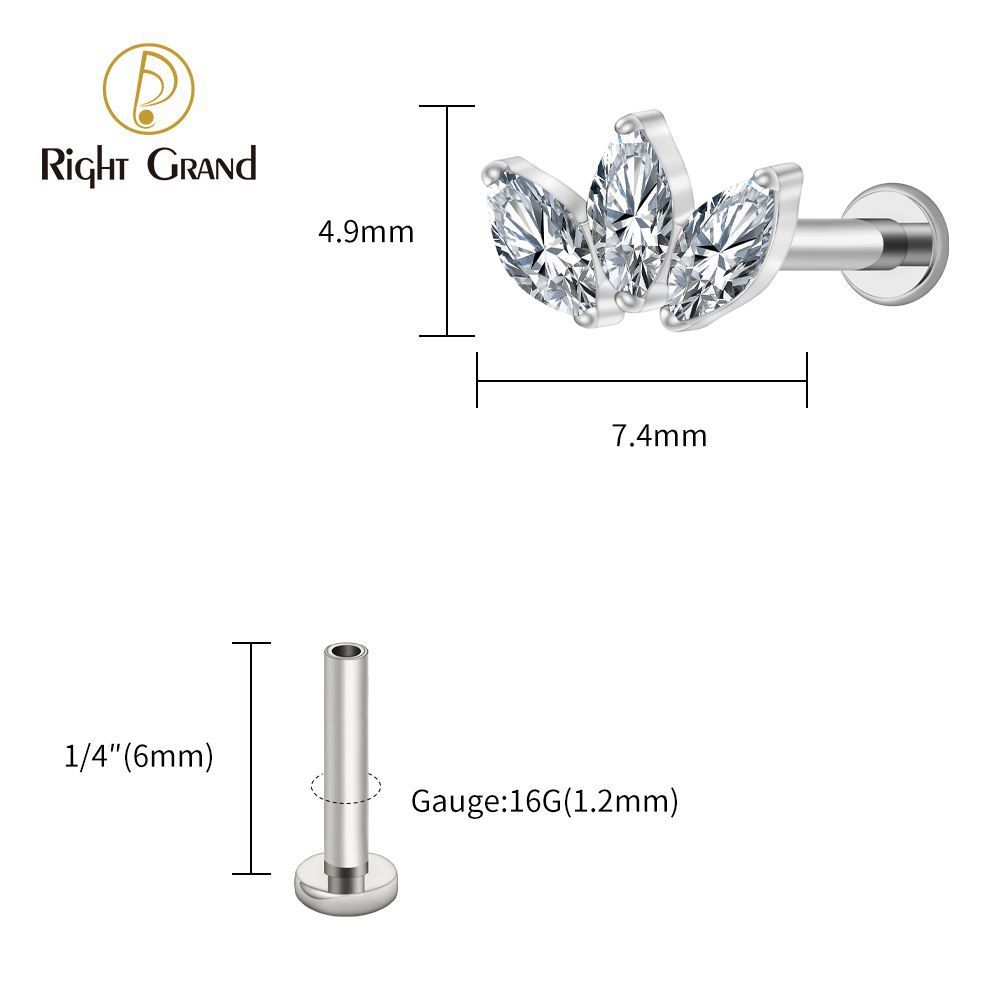 Right Grand Titanium 16G/18G Threadless Push Pin Triple Marquise CZ Stud Earring 16G Trinity Lotus Opal Cluster Cartilage Helix Tragus Piercing