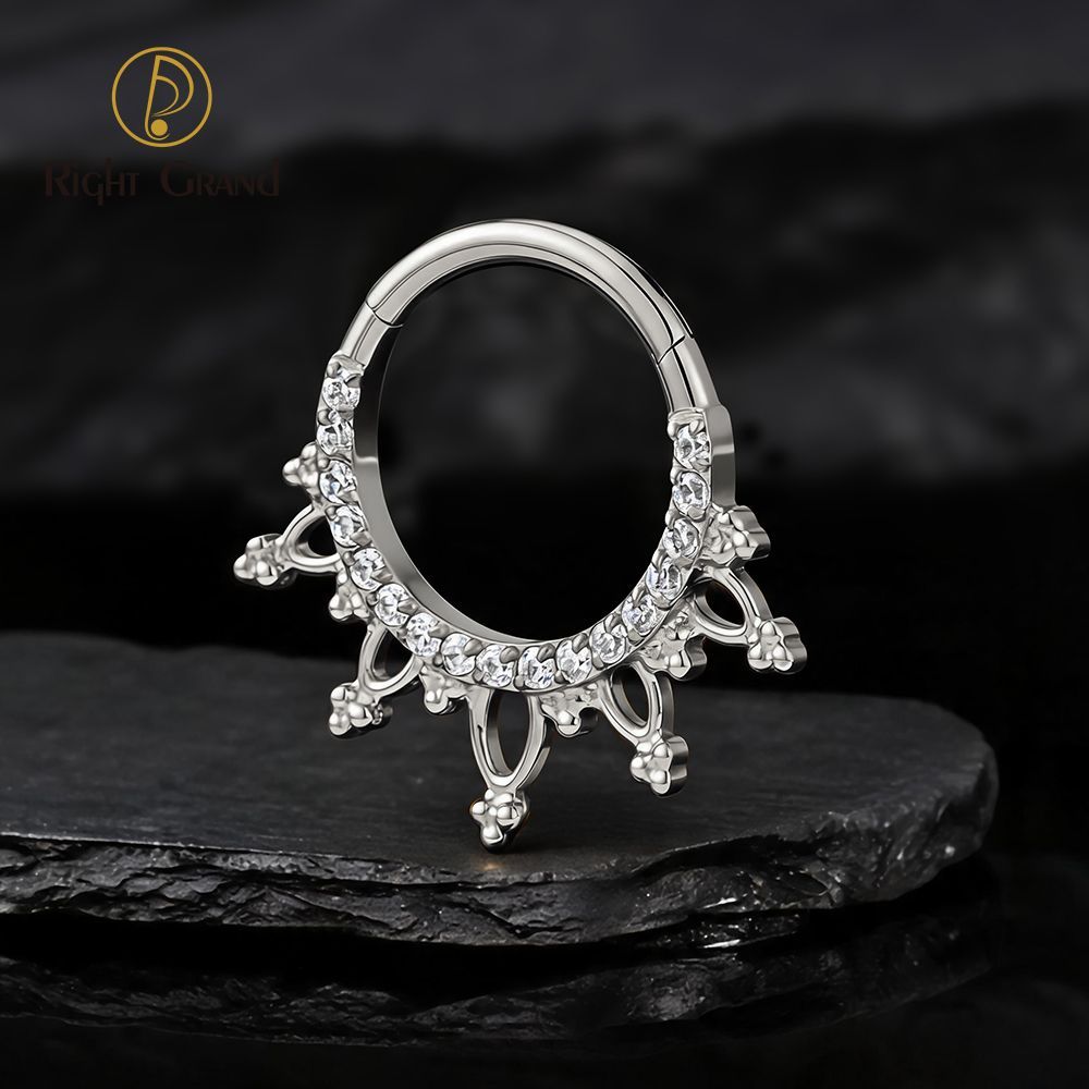 Right Grand Titanium 16G CZ Beads Sparkling Hinged Clicker Segment Hoop Ring Daith Earring Septem Nose Piercing