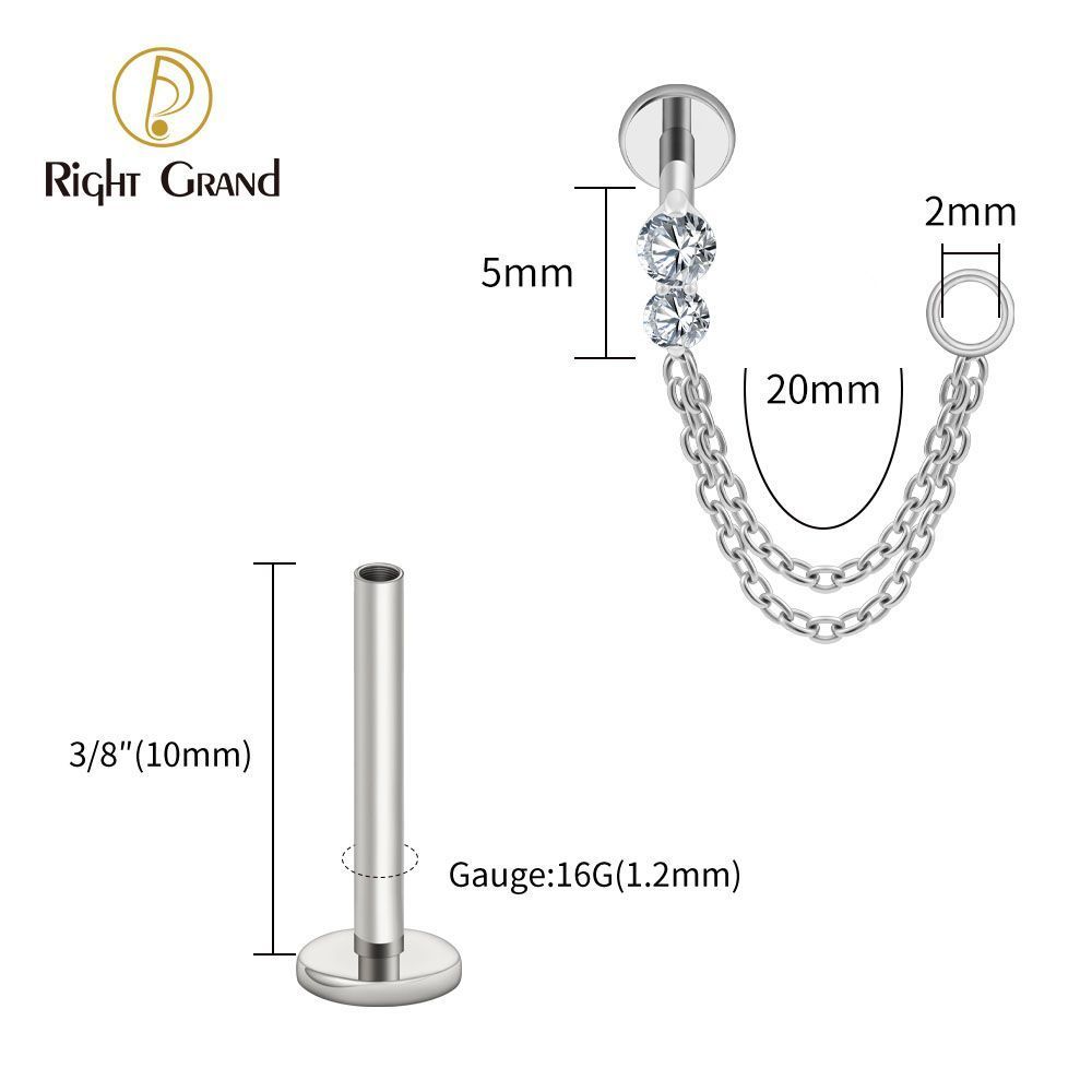Right Grand Titanium Internal Thread CZ Double Chain Connect Ring Labret Ring 16G Flat Back Cartilage Stud Earring Conch Helix Lip Piercing Jewelry