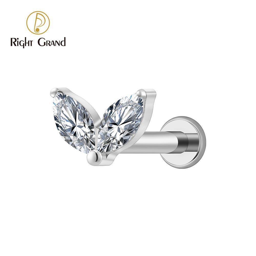 Right Grand Titanium 16G/18G Threadless Push Pin Tiny Double Marquise CZ Labret Stud Earring 16G Heart CZ Cartilage Helix Tragus Conch Piercing