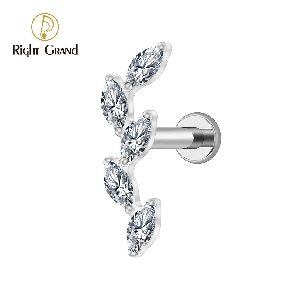 Right Grand Titanium 16G/18G Threadless Push Pin 5 Marquise CZ Labret Stud Helix Conch Cartilage Tragus Flat Back Piercing