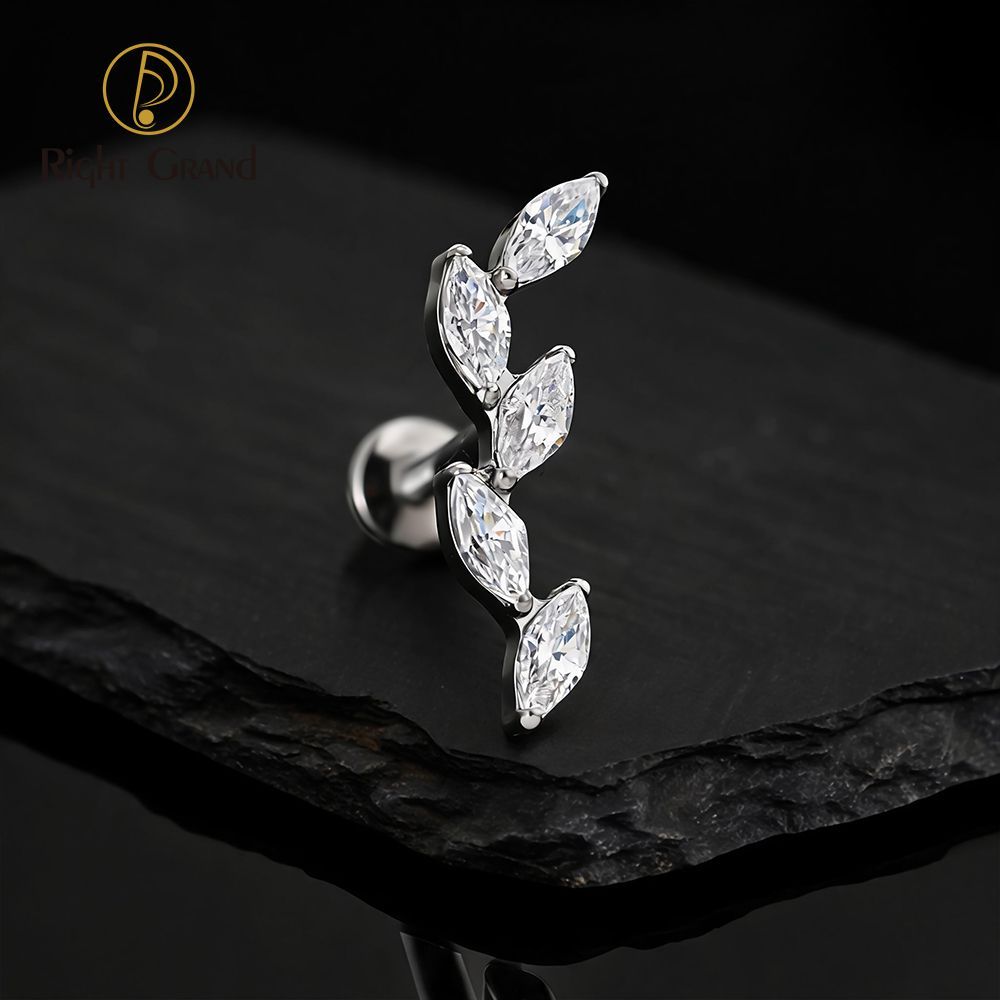Right Grand Titanium 16G/18G Threadless Push Pin 5 Marquise CZ Labret Stud Helix Conch Cartilage Tragus Flat Back Piercing